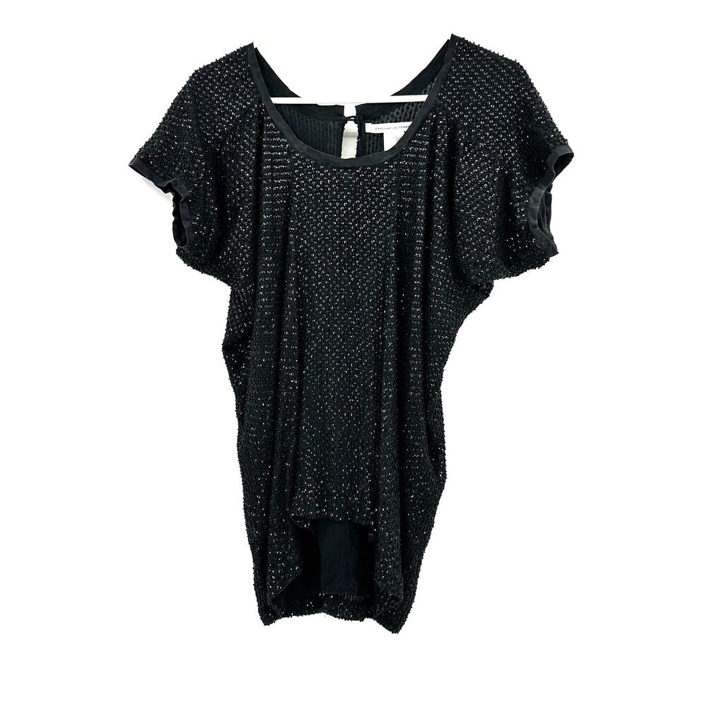 Diane Von Furstenberg Size 4 Blouse Black Sequin 100% Silk Formal Short Sleeve